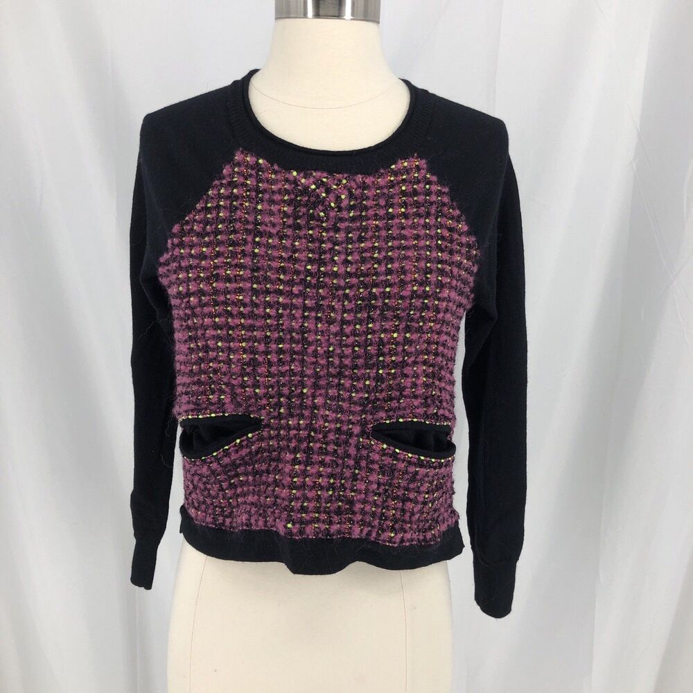 J.Crew Multicolored Tweed-Front Meriona Sweater Black Size M